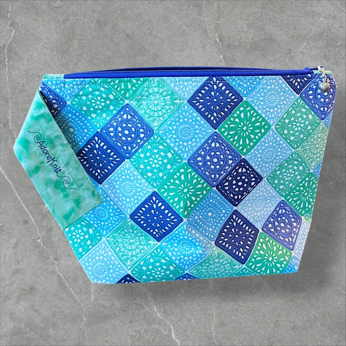 Heart Sings Granny Square Project Bag | Cool Colors Knitting Yarn Bag
