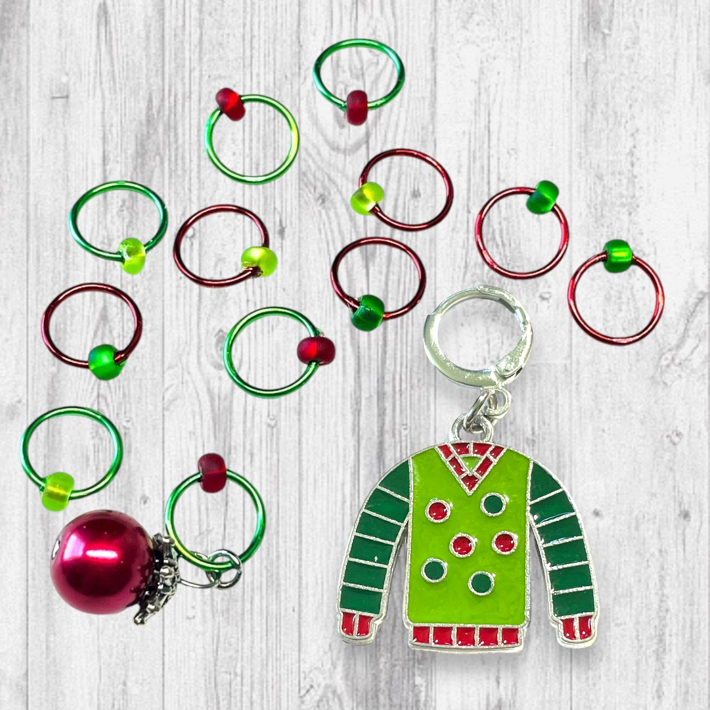 Ugly Christmas Ball Sweater Progress and Stitch Markers