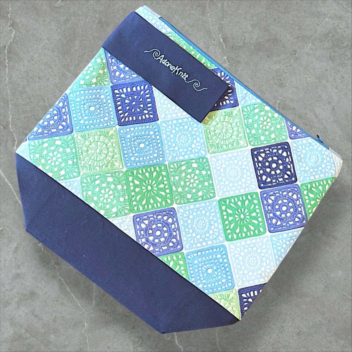 Heart Sings Granny Square Project Bag | Cool Colors Knitting Yarn Bag