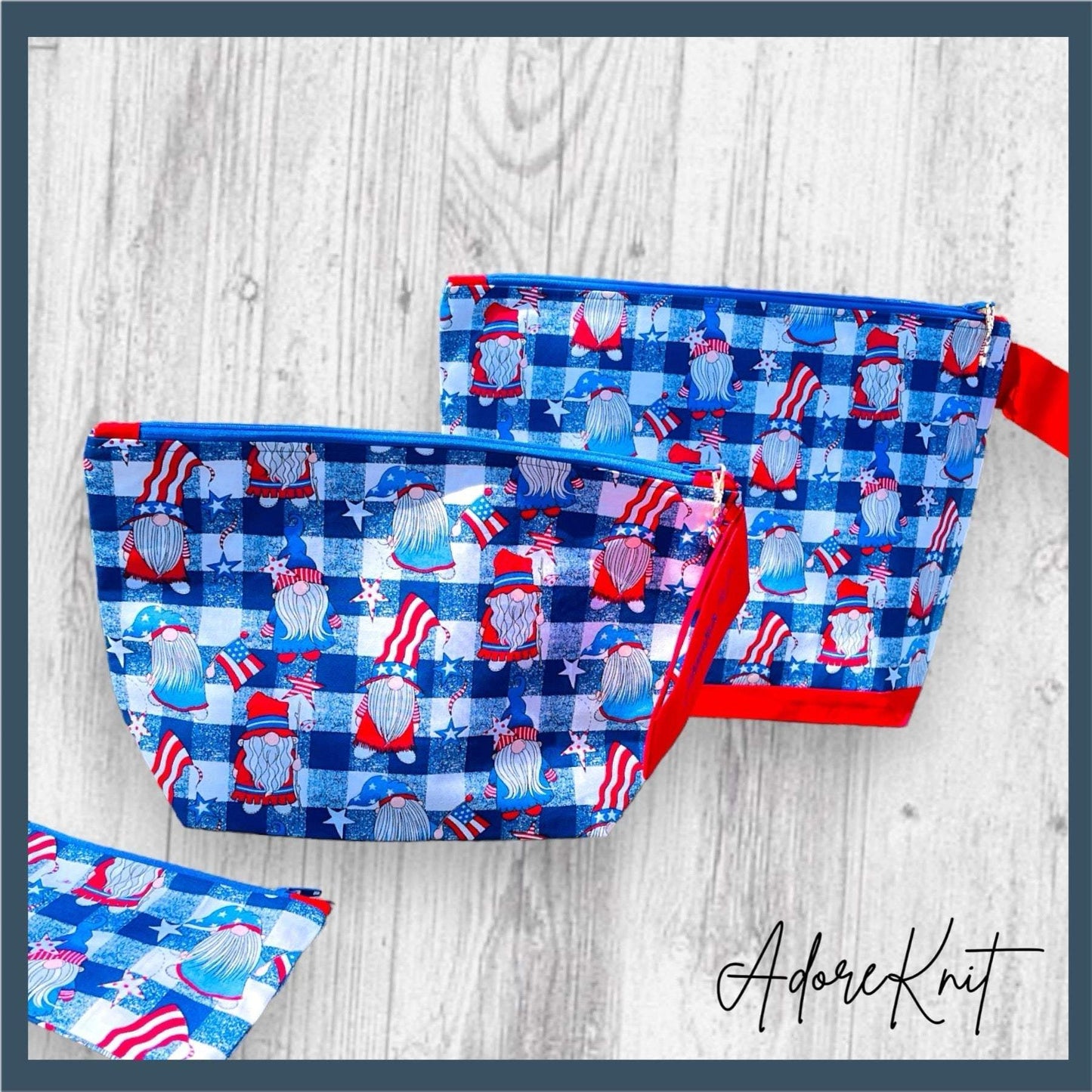 Red White and GNOME Project BagAdoreKnitIntroducing the Red White and GNOME Project Bag!  Just in time for your Memorial Day and 4th of July knitting adventures!  We think this is the perfect summer bag, iGNOME Project Bag