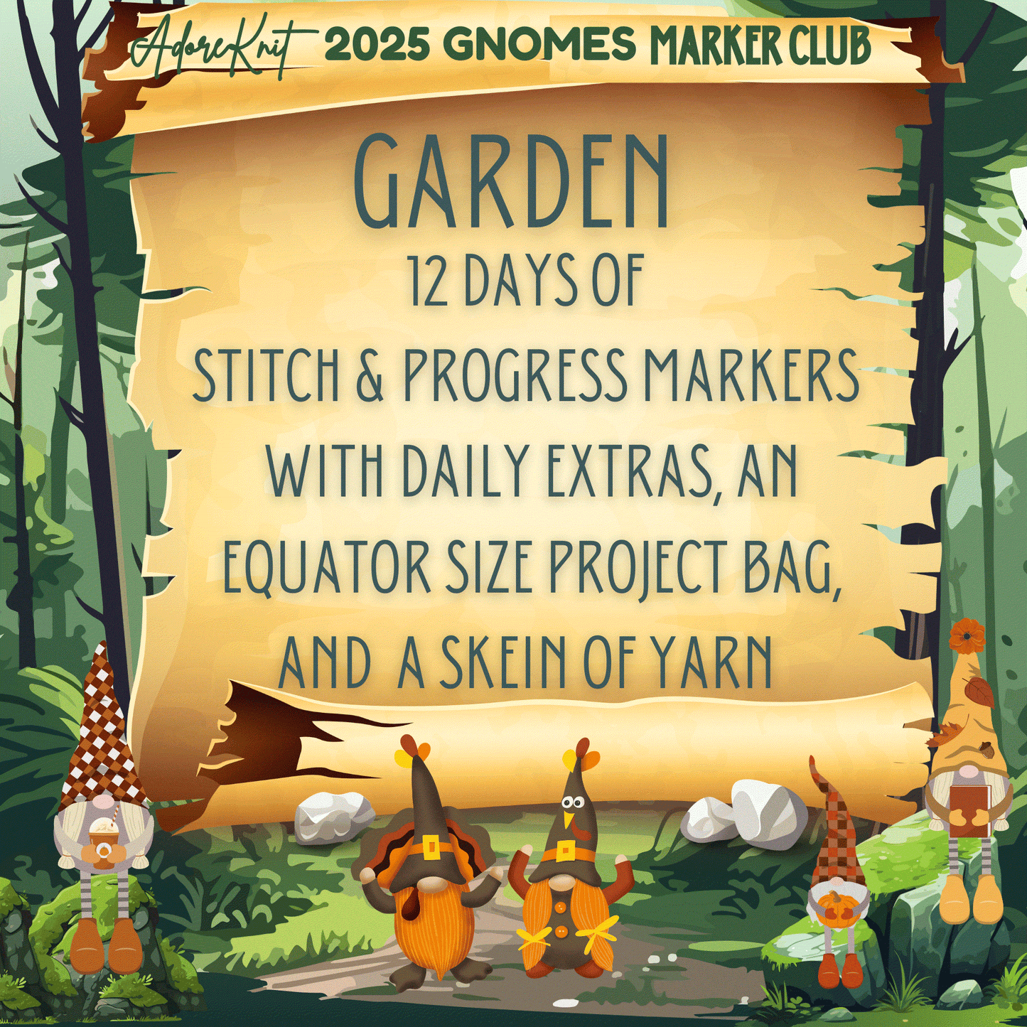 2025 GNo Good GNOMES Countdown Club, 12 Days of Stitch & Progress Markers, Yarn, Project Bags