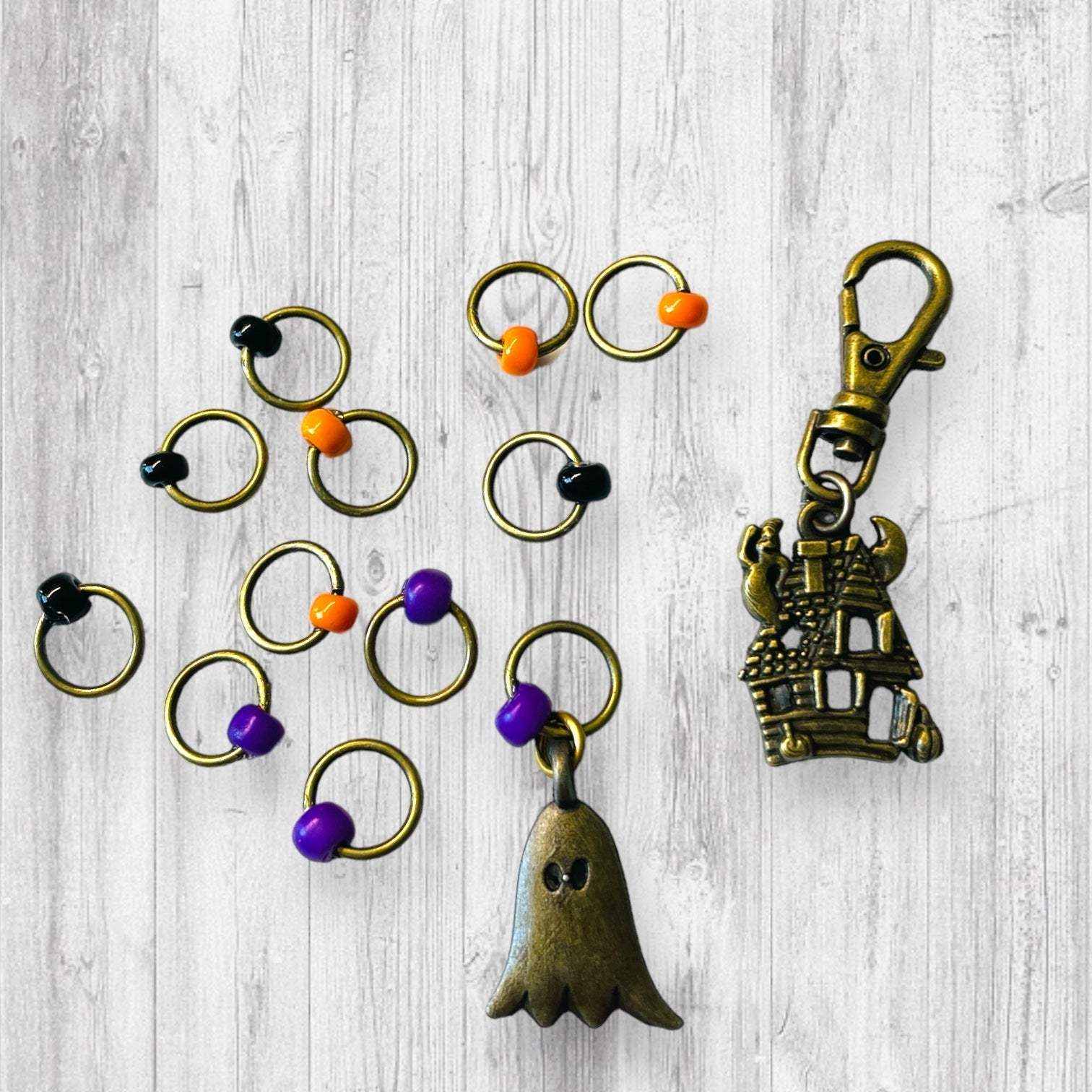 Ghostly Haunted House BRONZE Progress and Stitch Markers - AdoreKnit