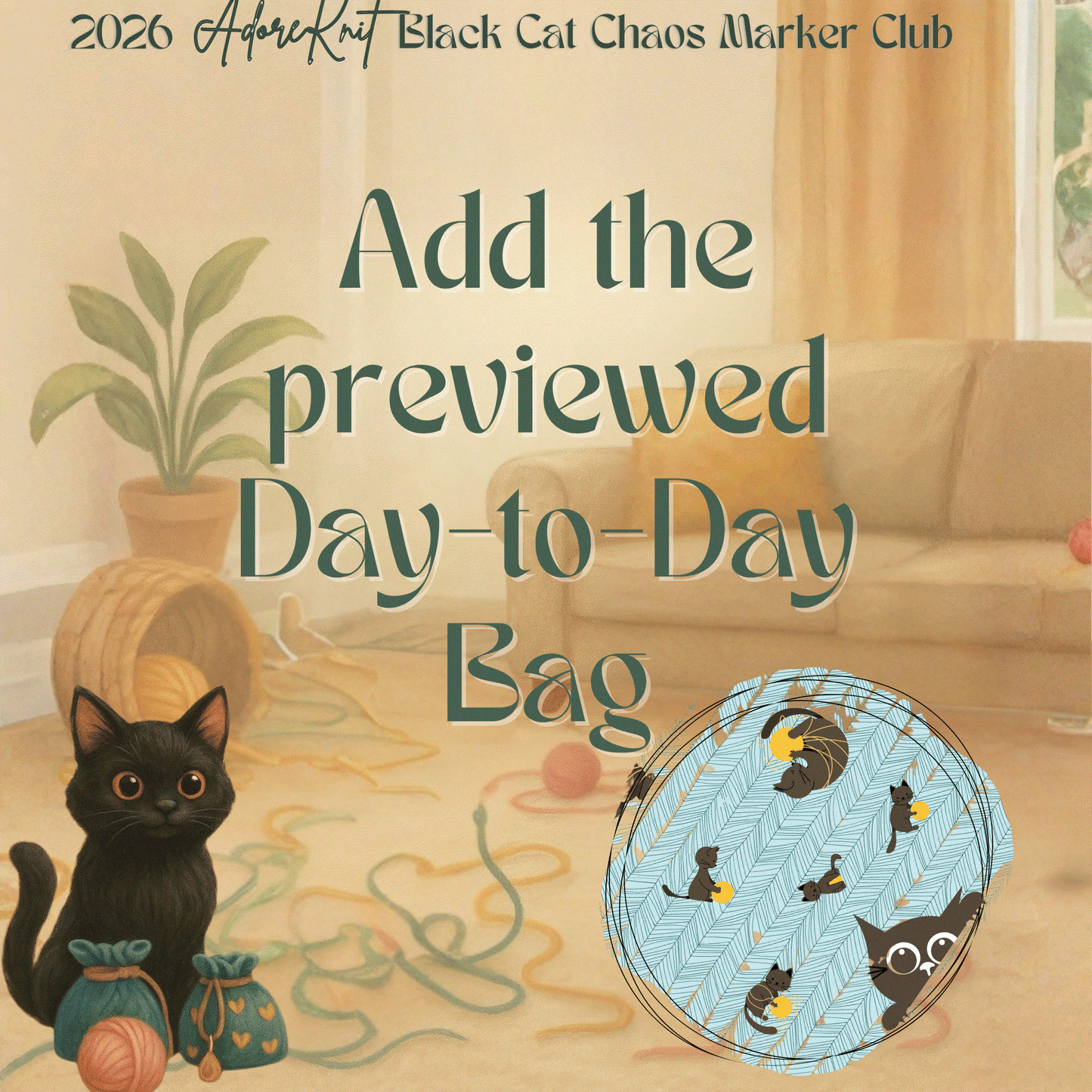 2026 Black Cat Chaos Marker Club, 12 Days of Stitch & Progress Markers, Yarn, Project Bags