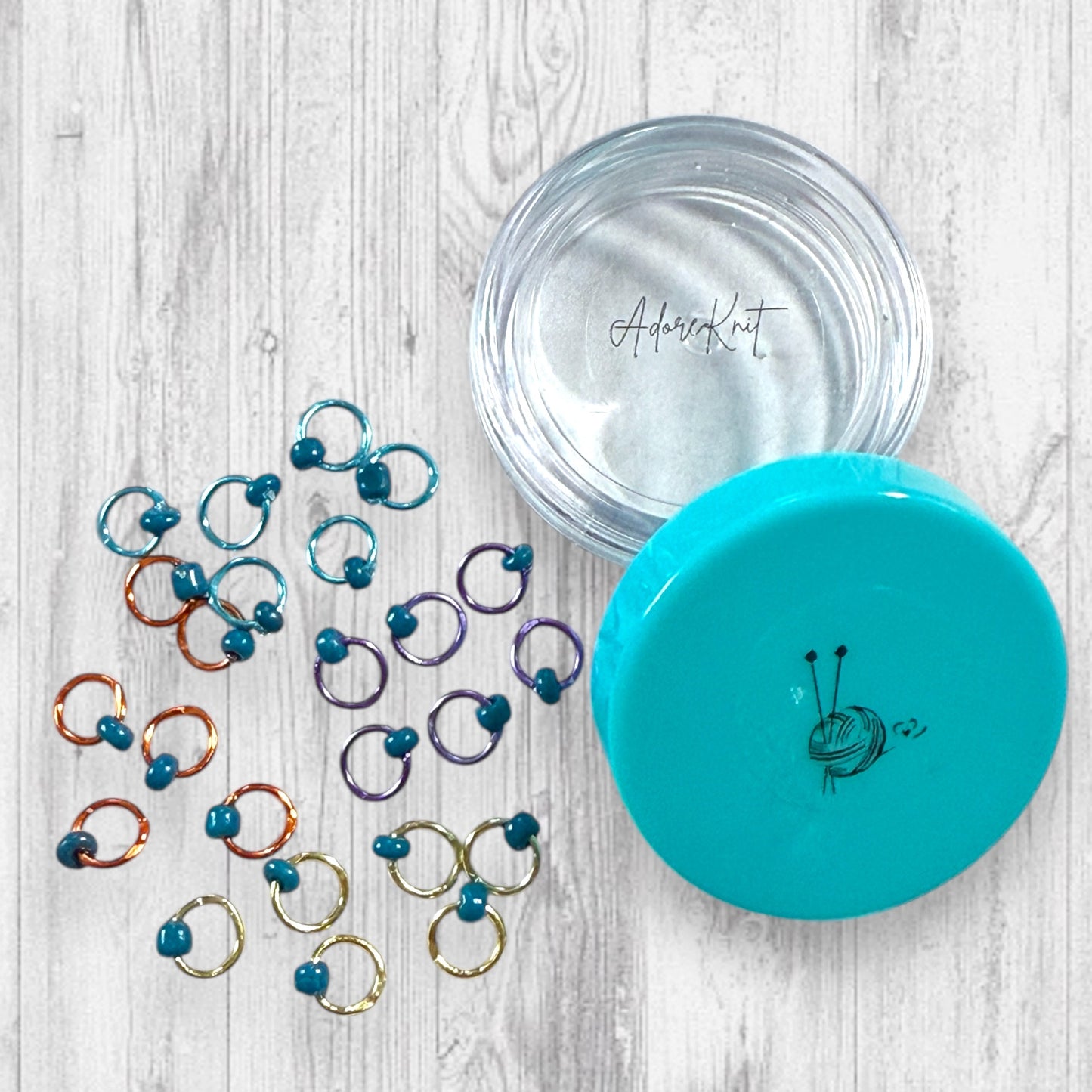 Sock Knitter's Companion Tiny Stitch Markers with Marker Container Aqua w Turquoise