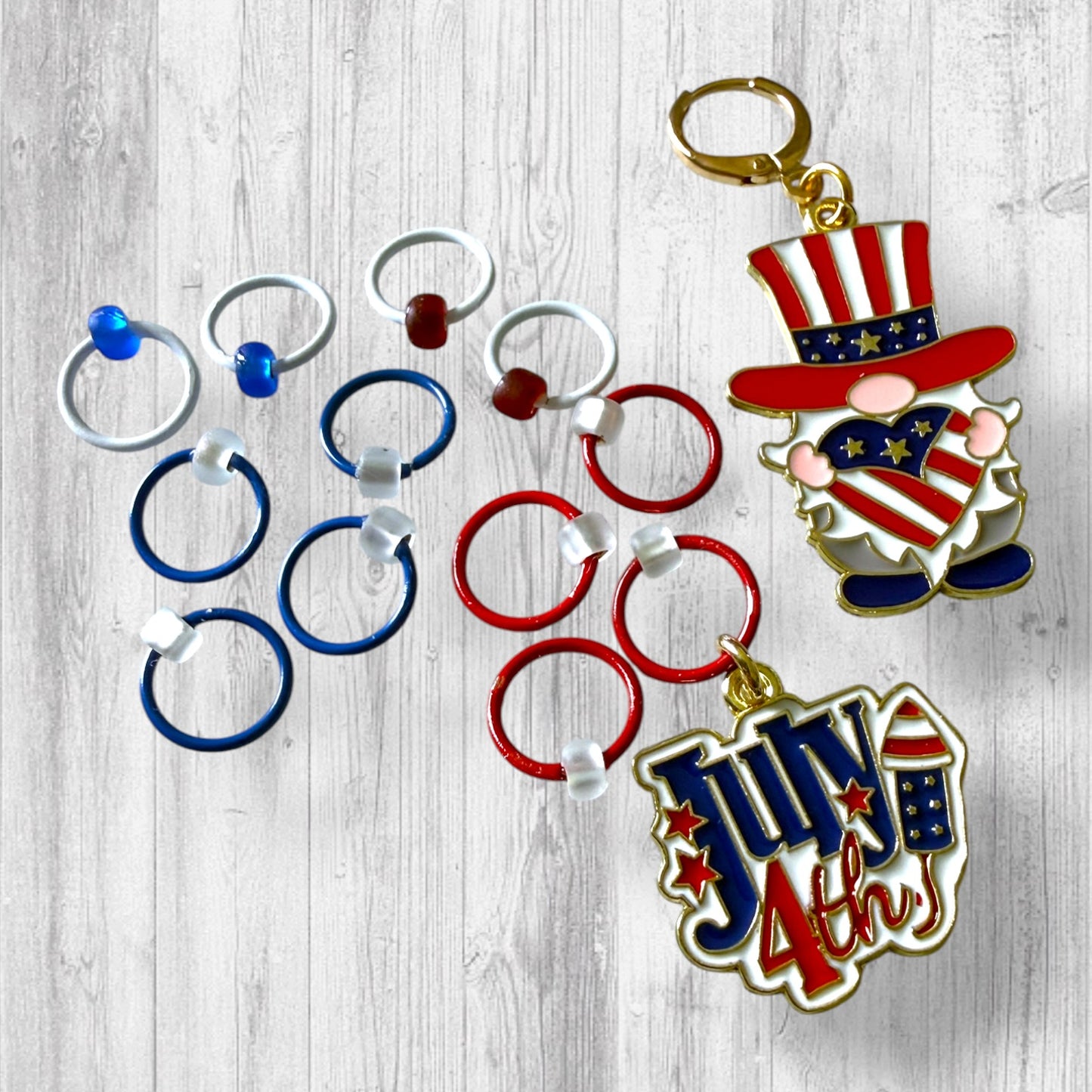 Patriotic Gnome Stitch Markers | Red White and Blue Knitting Markers
