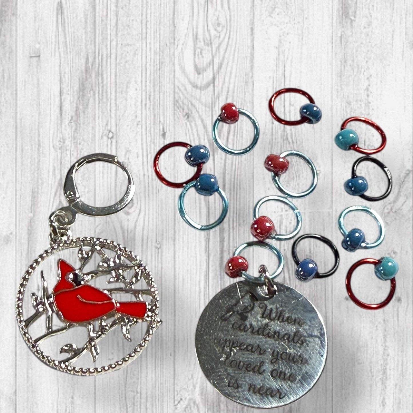 Red Feathers Warm Hearts Progress and Stitch Markers