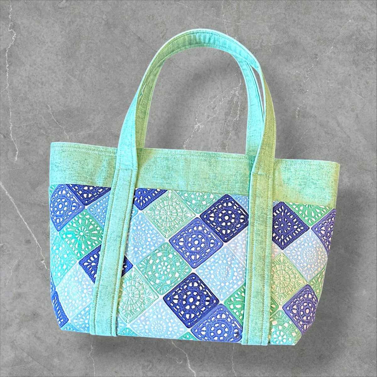 Heart Sings Granny Square Project Bag | Cool Colors Knitting Yarn Bag