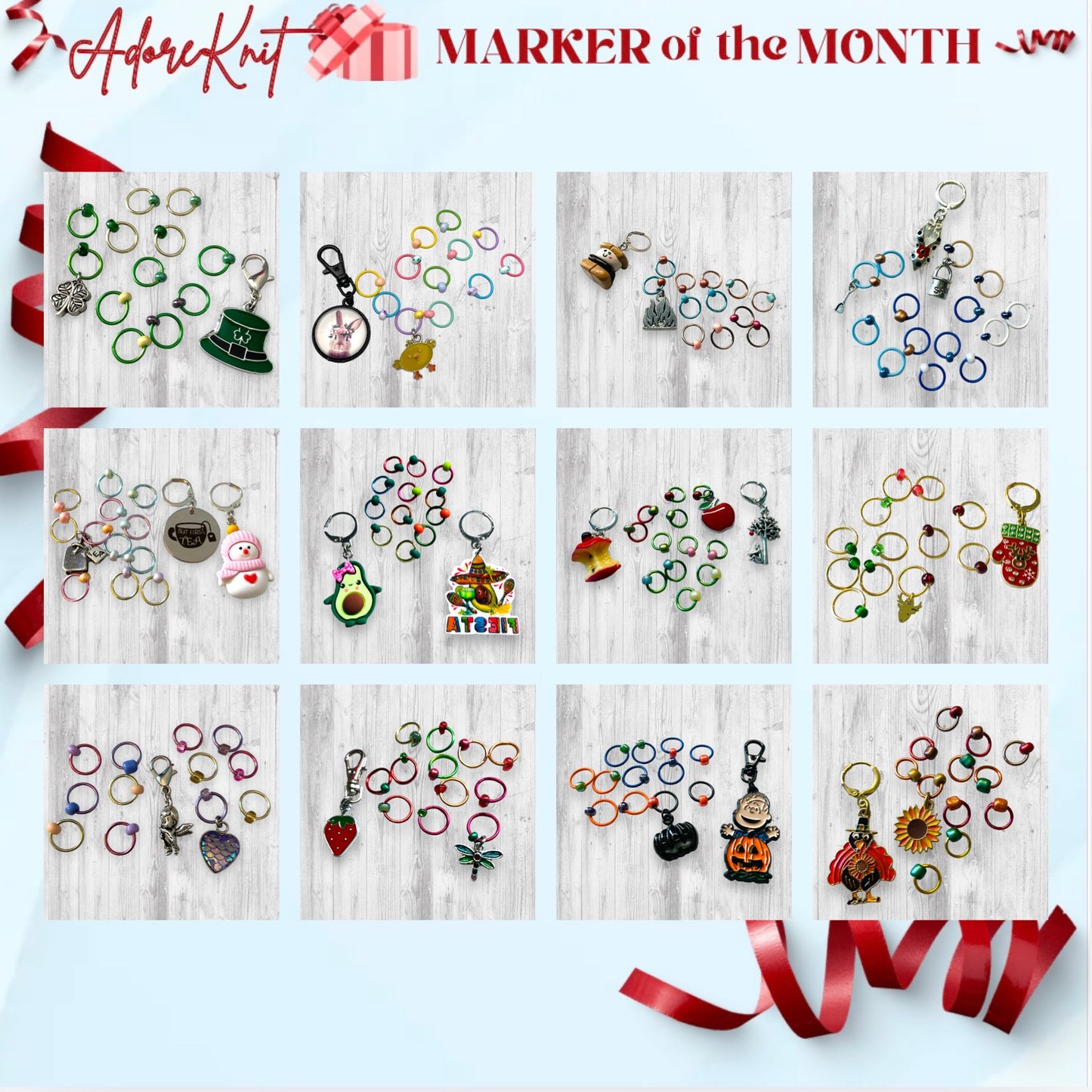 2025 Marker of the Month Club, a monthly surprise of a progress marker and a set of stitch markers