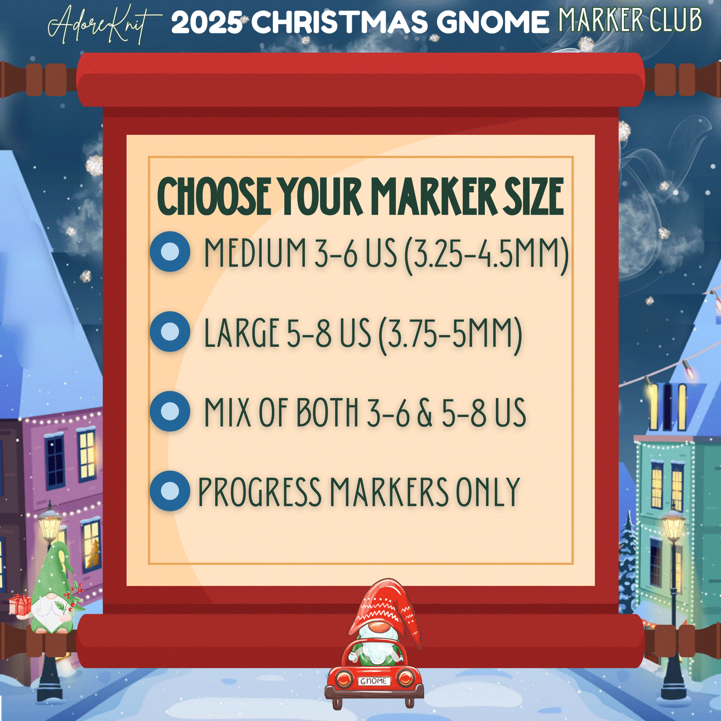 2025 Christmas GNOMES Countdown Club, 12 Days of Stitch & Progress Markers, Yarn, Project Bags