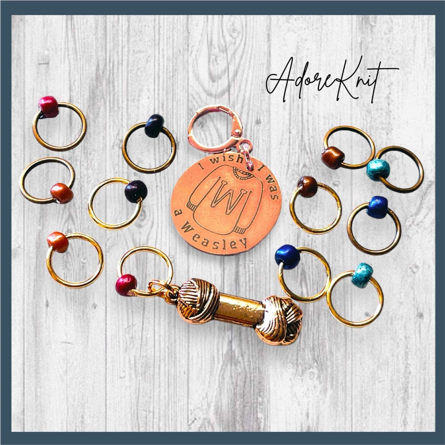I Wish I Was A Weasley Progress and Stitch Marker SetAdoreKnitI Wish I Was A Weasley Progress and Stitch Markers.   Rose Gold and Copper stitch markers are reminiscent of the famous family's most distinguishing features.   ImaginStitch Marker Set