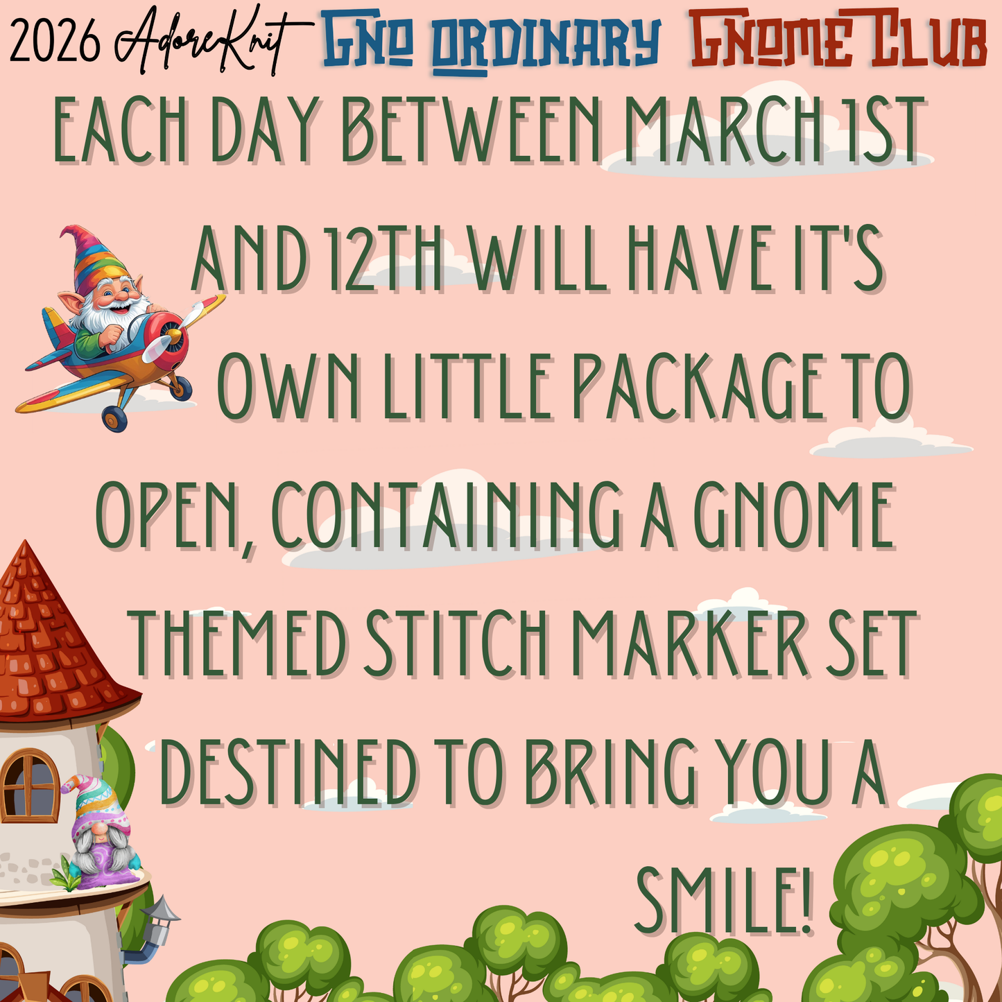 2026 GNo Ordinary GNOMES Countdown Club, 12 Days of Stitch & Progress Markers, Yarn, Project Bags