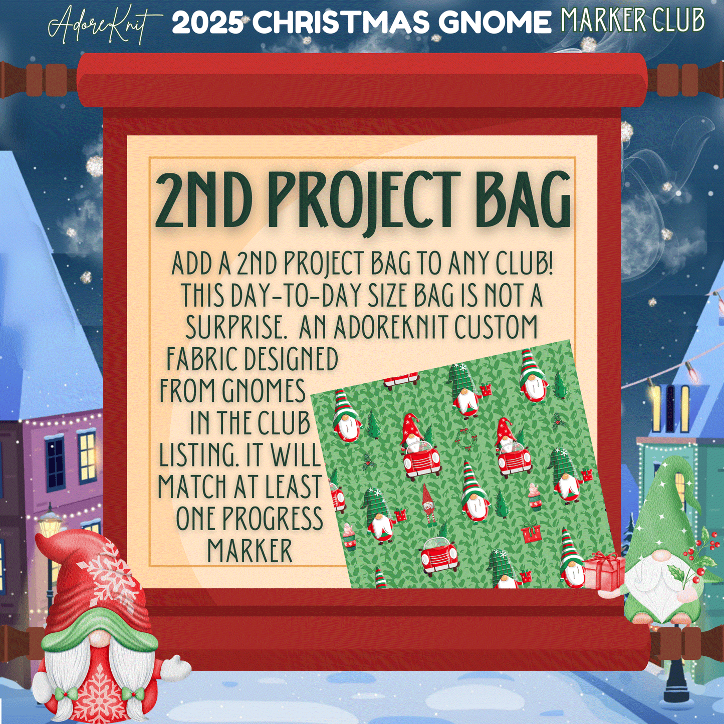 2025 Christmas GNOMES Countdown Club, 12 Days of Stitch & Progress Markers, Yarn, Project Bags