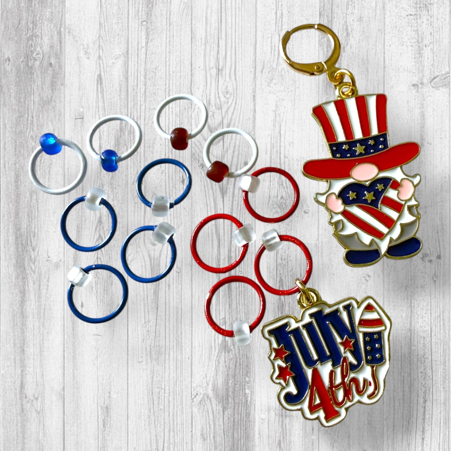 Patriotic Gnome Stitch Markers | Red White and Blue Knitting Markers