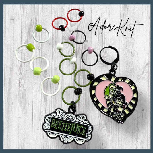 Beetlejuice and Lydia Progress and Stitch Markers