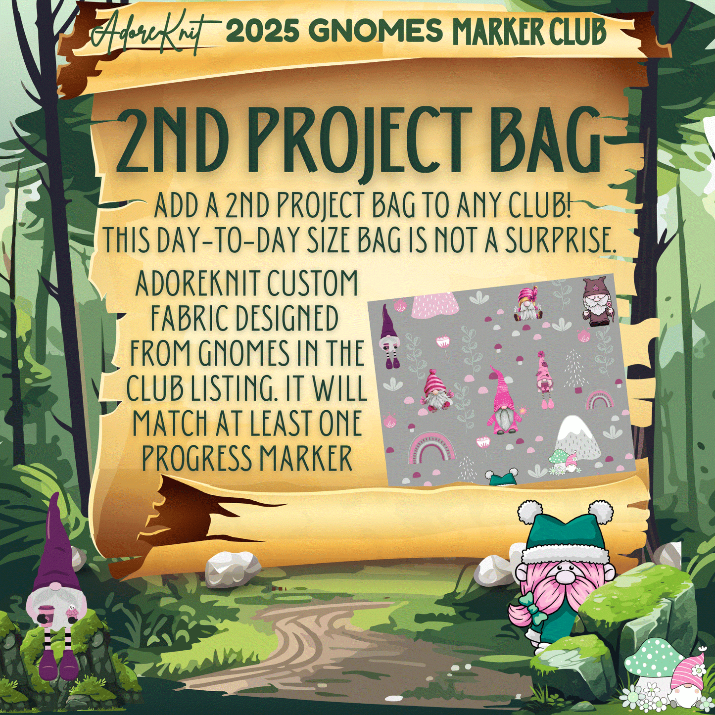 2025 GNo Good GNOMES Countdown Club, 12 Days of Stitch & Progress Markers, Yarn, Project Bags