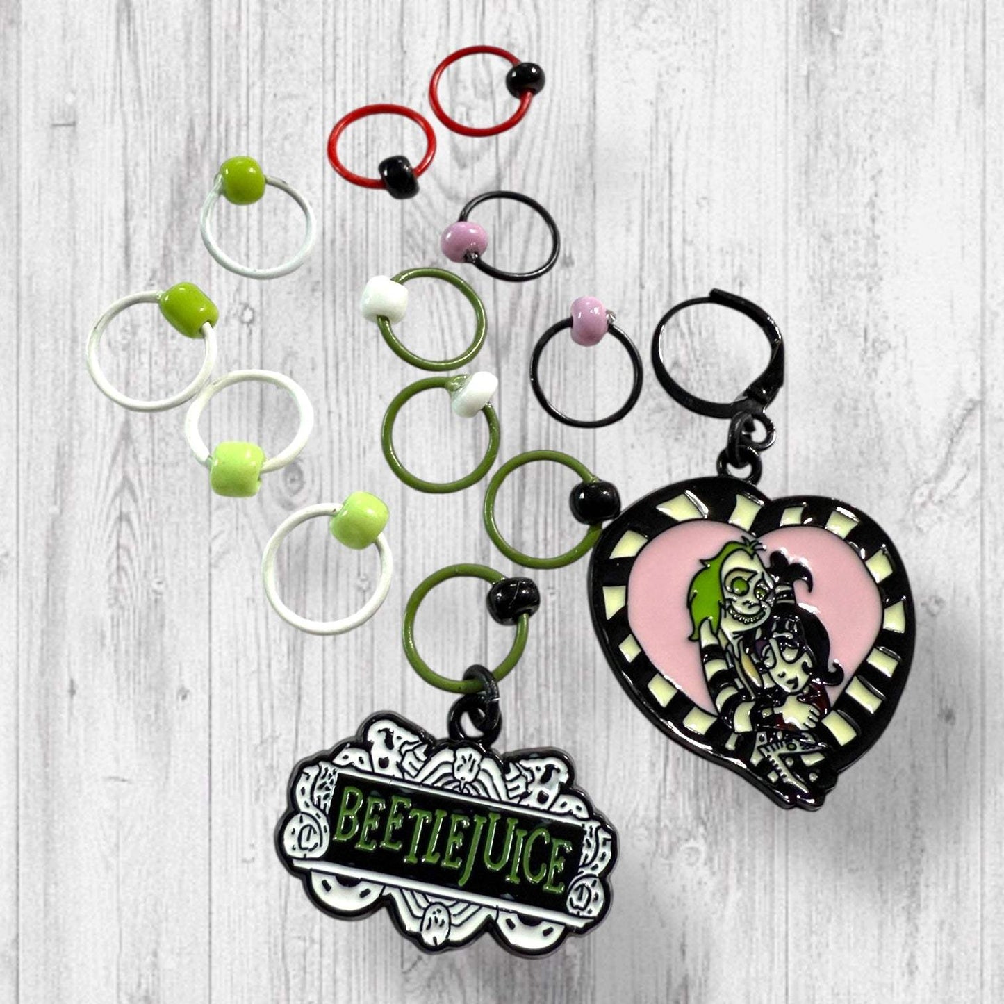 Beetlejuice and Lydia Progress and Stitch Markers