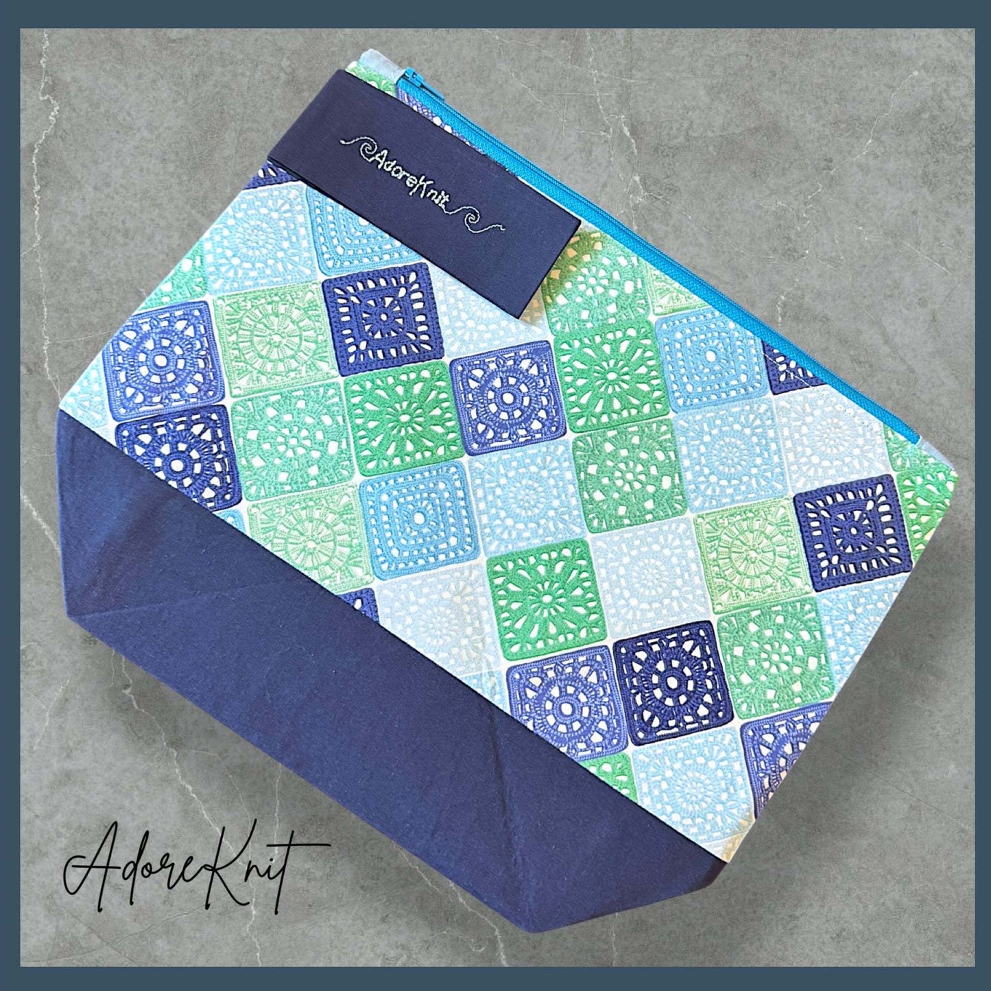 Heart Sings Granny Square Project Bag | Cool Colors Knitting Yarn Bag