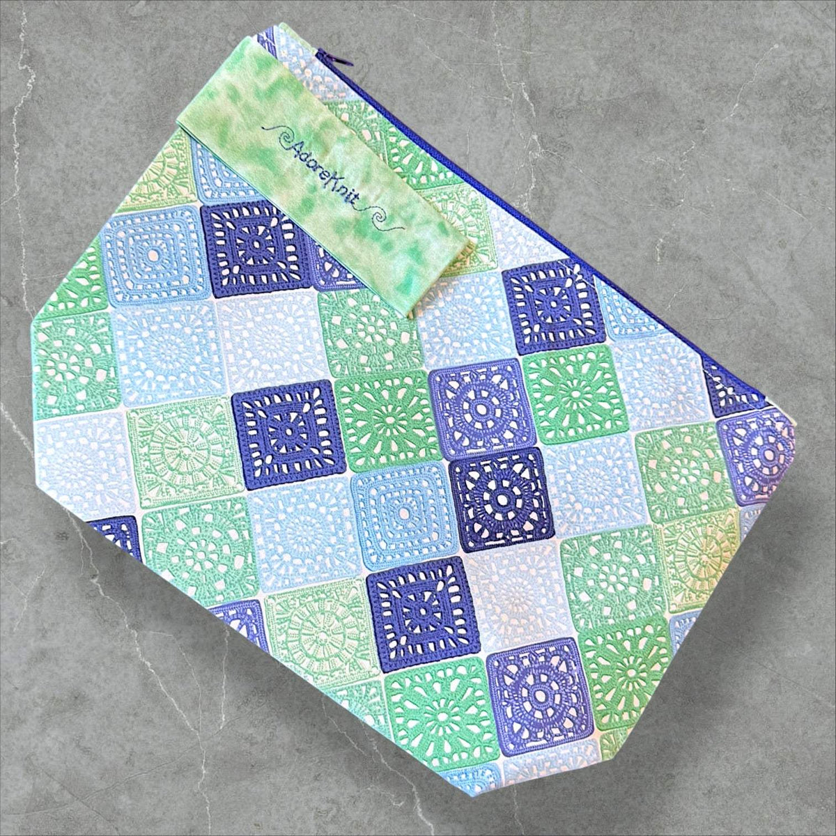 Heart Sings Granny Square Project Bag | Cool Colors Knitting Yarn Bag