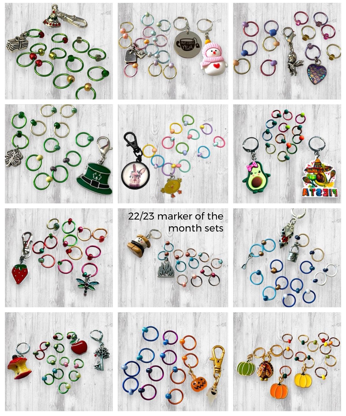 2023 Marker of the Month Club, a monthly surprise set of progress and stitch markers - AdoreKnit