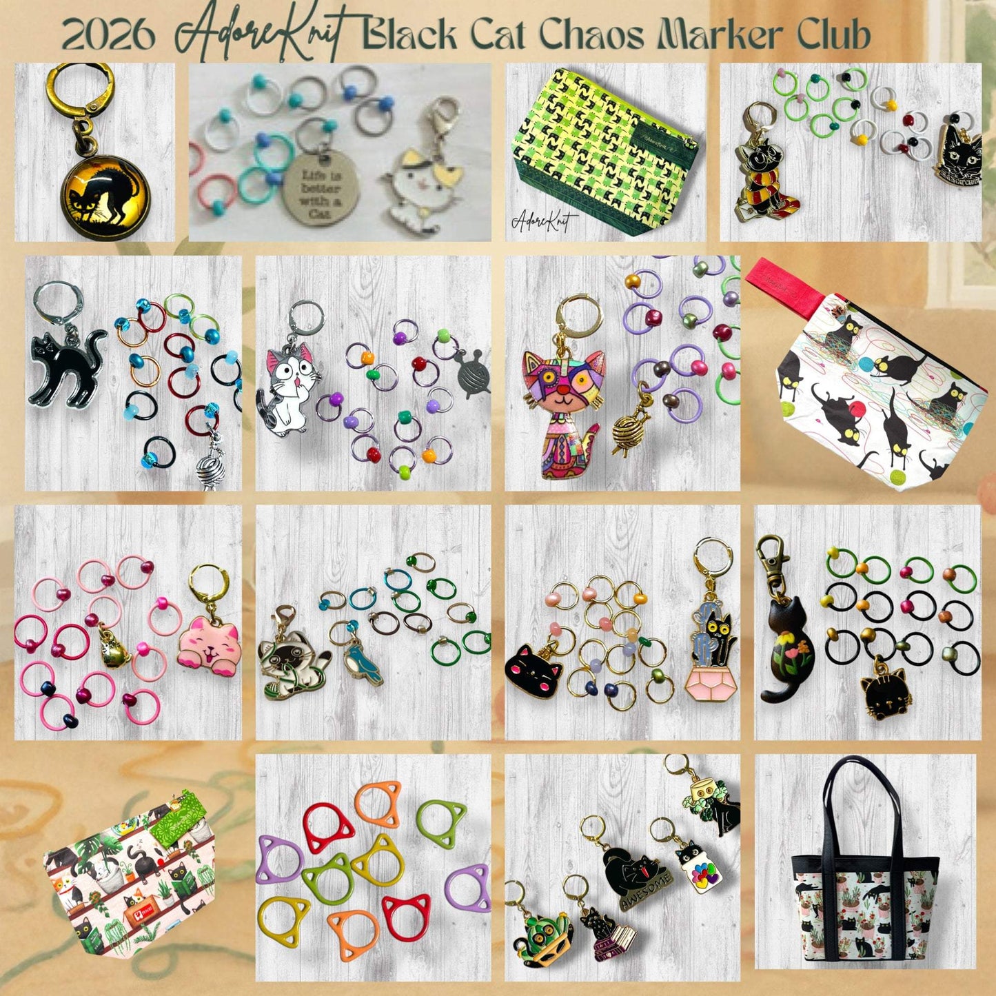 2026 Black Cat Chaos Marker Club, 12 Days of Stitch & Progress Markers, Yarn, Project Bags