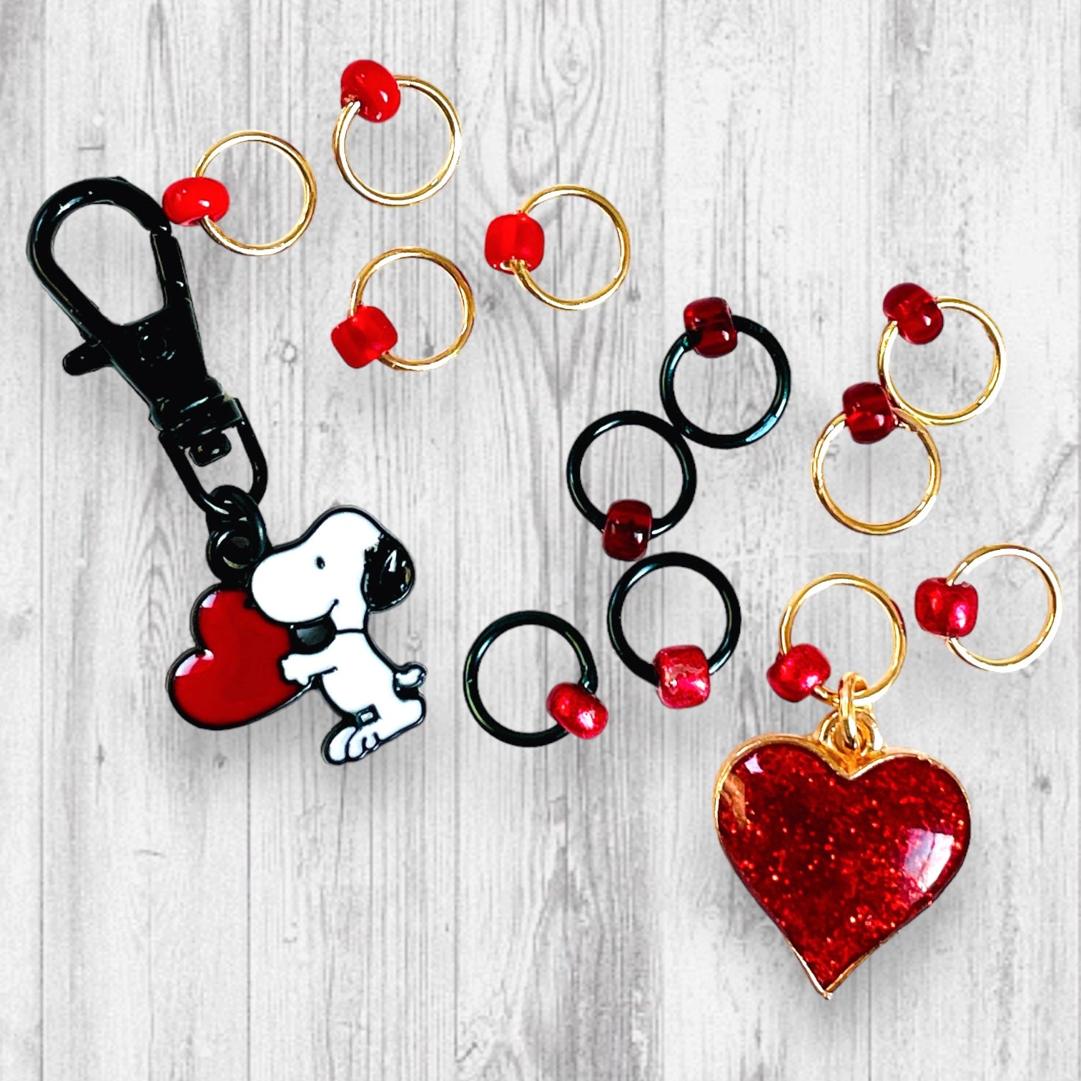 Snoopy Head over Heels in Love Progress and Stitch Markers - AdoreKnit
