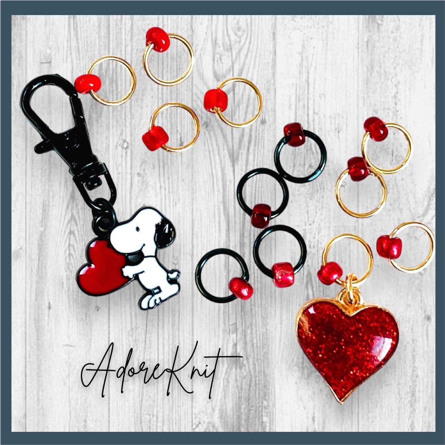 Snoopy Head over Heels in Love Progress and Stitch Markers - AdoreKnit