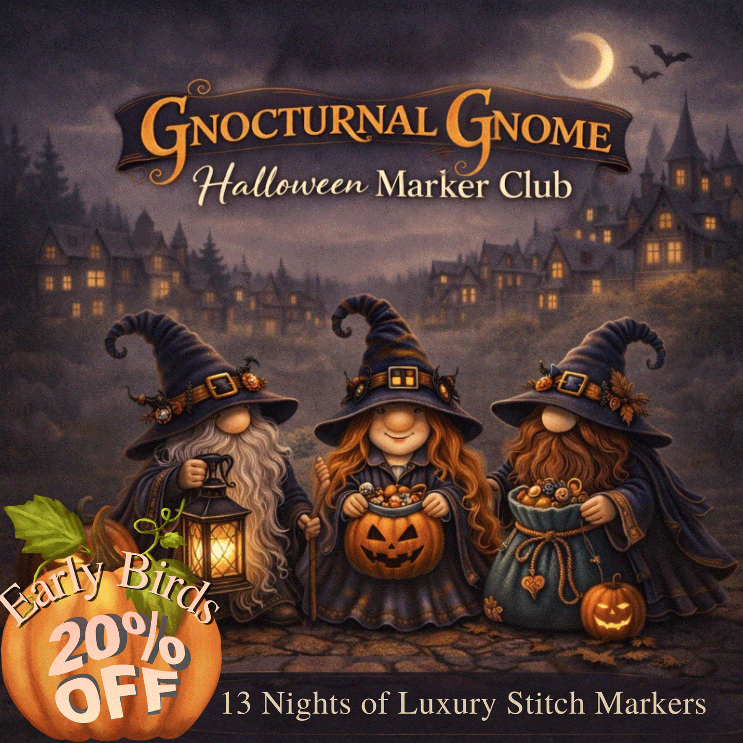 2026 Gnocturnal Gnome Halloween Club | 13 Night Luxury Stitch Marker Countdown