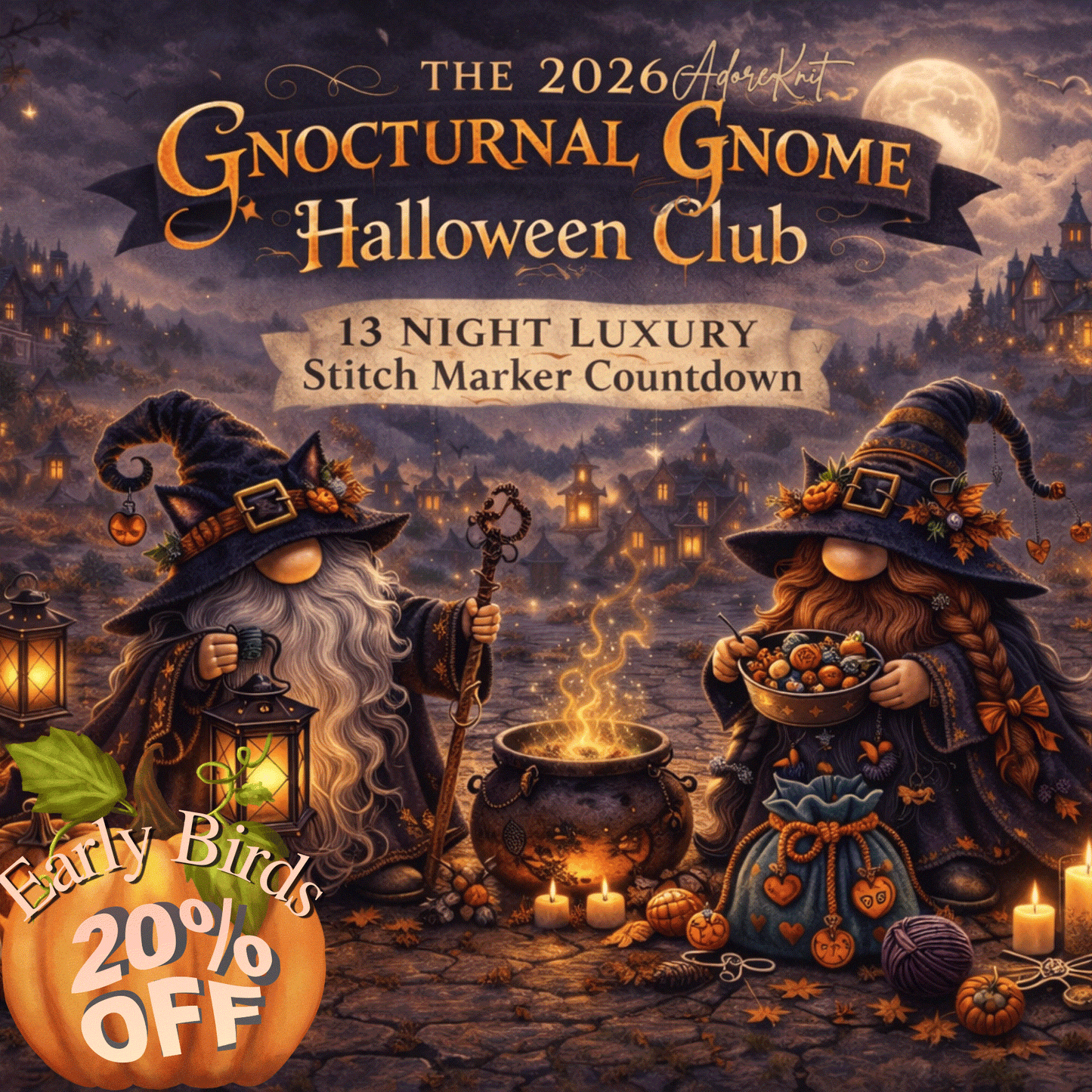 2026 Gnocturnal Gnome Halloween Club | 13 Night Luxury Stitch Marker Countdown