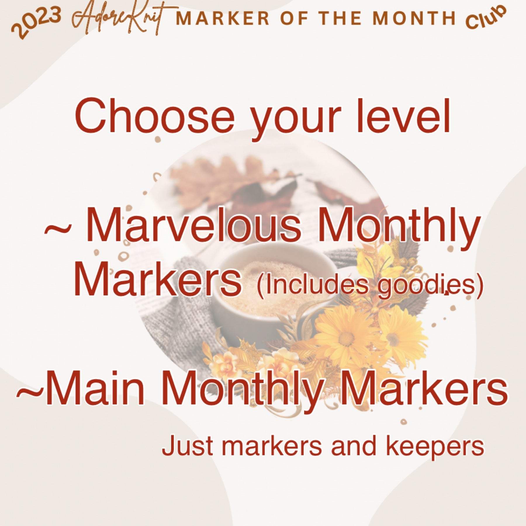 2023 Marker of the Month Club, a monthly surprise set of progress and stitch markers - AdoreKnit