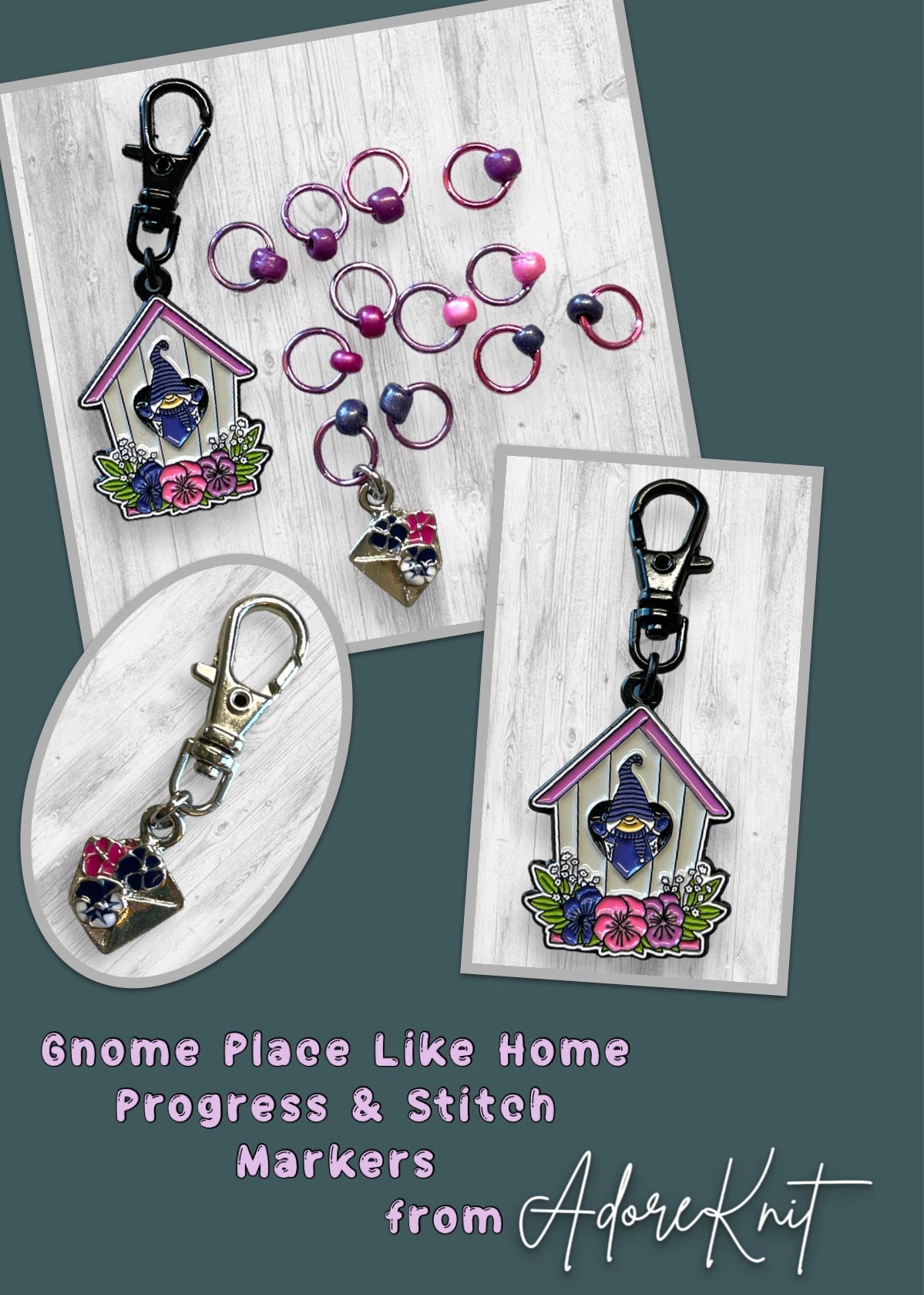Gnome Place like Home Purple Pansies Progress and Stitch Markers - AdoreKnit