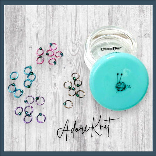 Sock Knitter's Companion Tiny Stitch Markers with Marker Container Aqua Turquoise - AdoreKnit