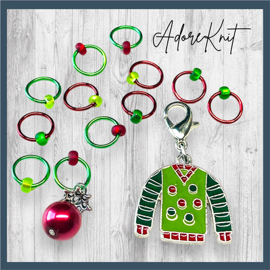 Ugly Christmas Ball Sweater Progress and Stitch Markers - AdoreKnit