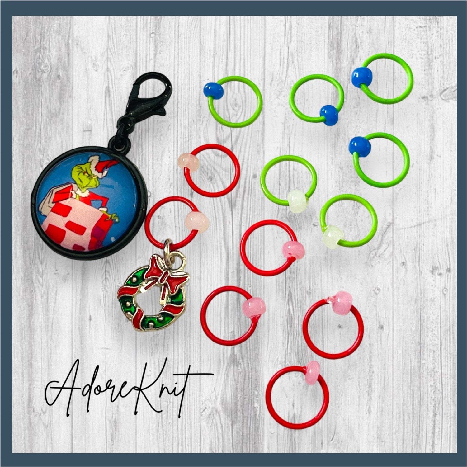 Charming as an EEL Christmas Progress and Stitch MarkersAdoreKnit"You're as charming as an eel. Mr. Grinch, you're a bad banana, Mr. Grinch, with the greasy black peel" - Dr. Seuss 
Inspired by the 1966 classic animated movie.  ThEEL Christmas Progress