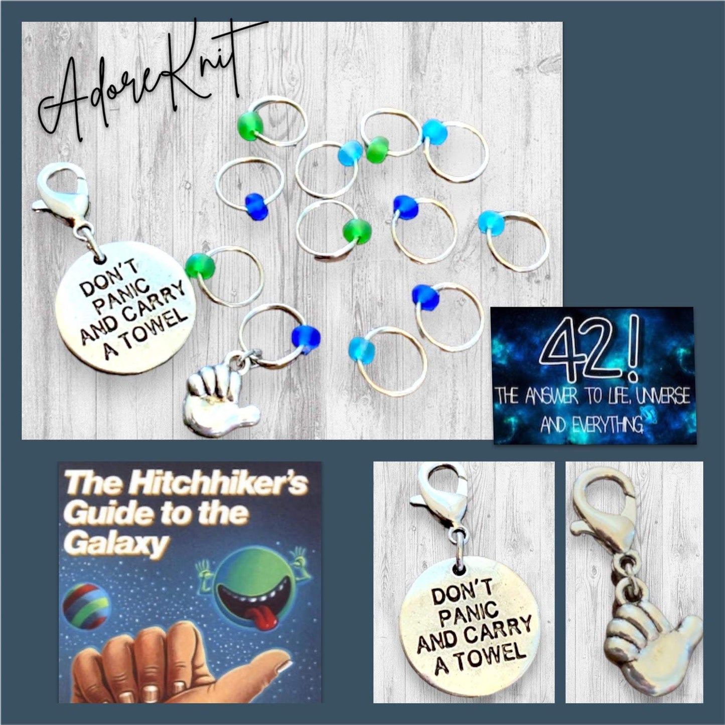 Hitchhiker's Progress and Stitch MarkersAdoreKnitHitchhiker's Progress and Stitch Markers.  Inspired by Douglas Adam's classic science fiction story 'Hitchhiker's Guide to the Galaxy'.  These stitch markers are greStitch Markers