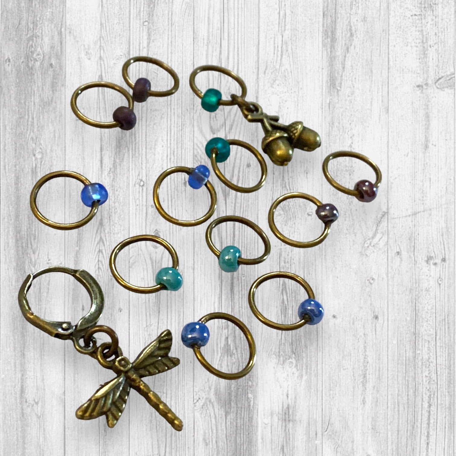 Bronze Dragonfly and Acorn Progress and Stitch Markers - AdoreKnit