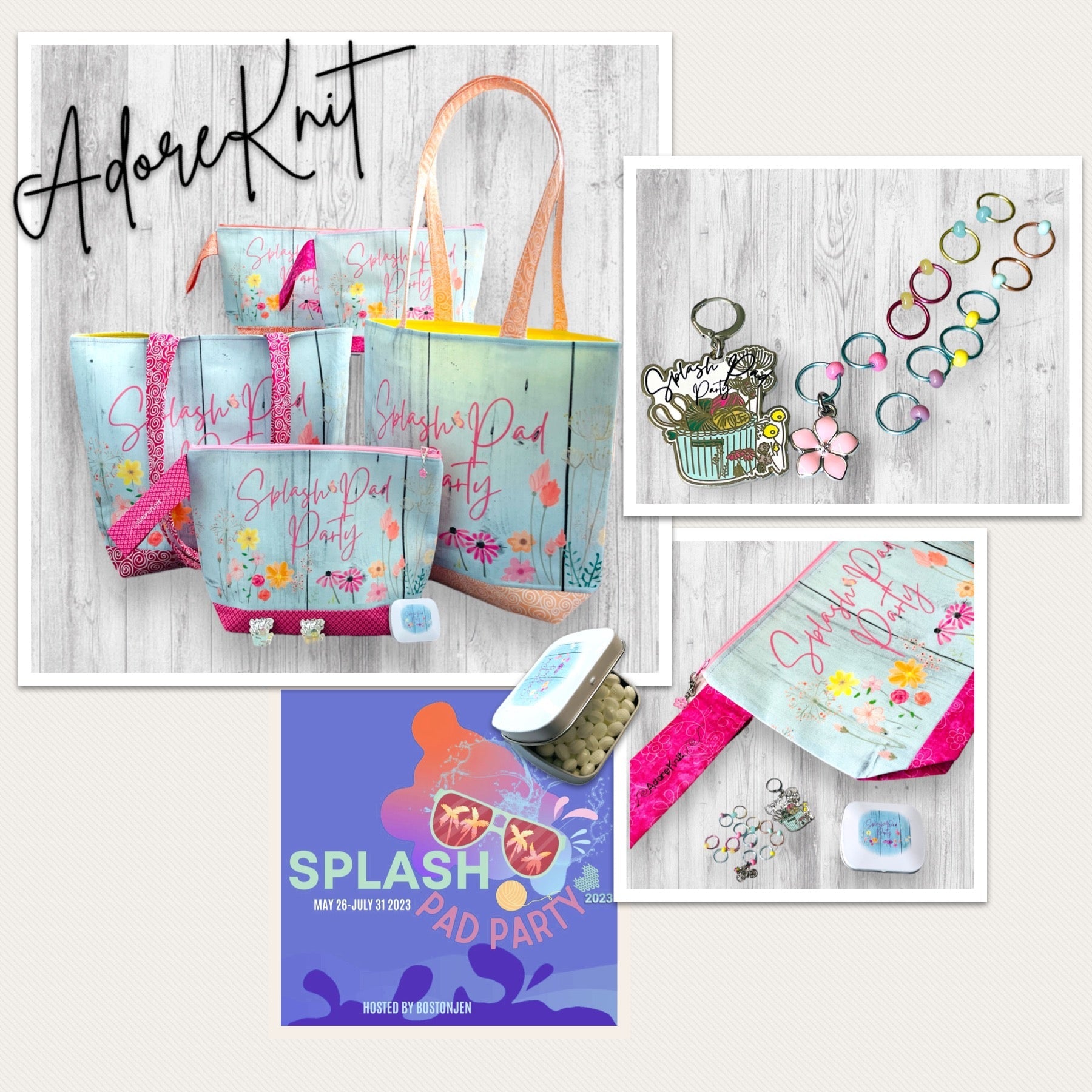 2023 Splash Pad Party Aqua Basket Progress and Stitch Markers - AdoreKnit
