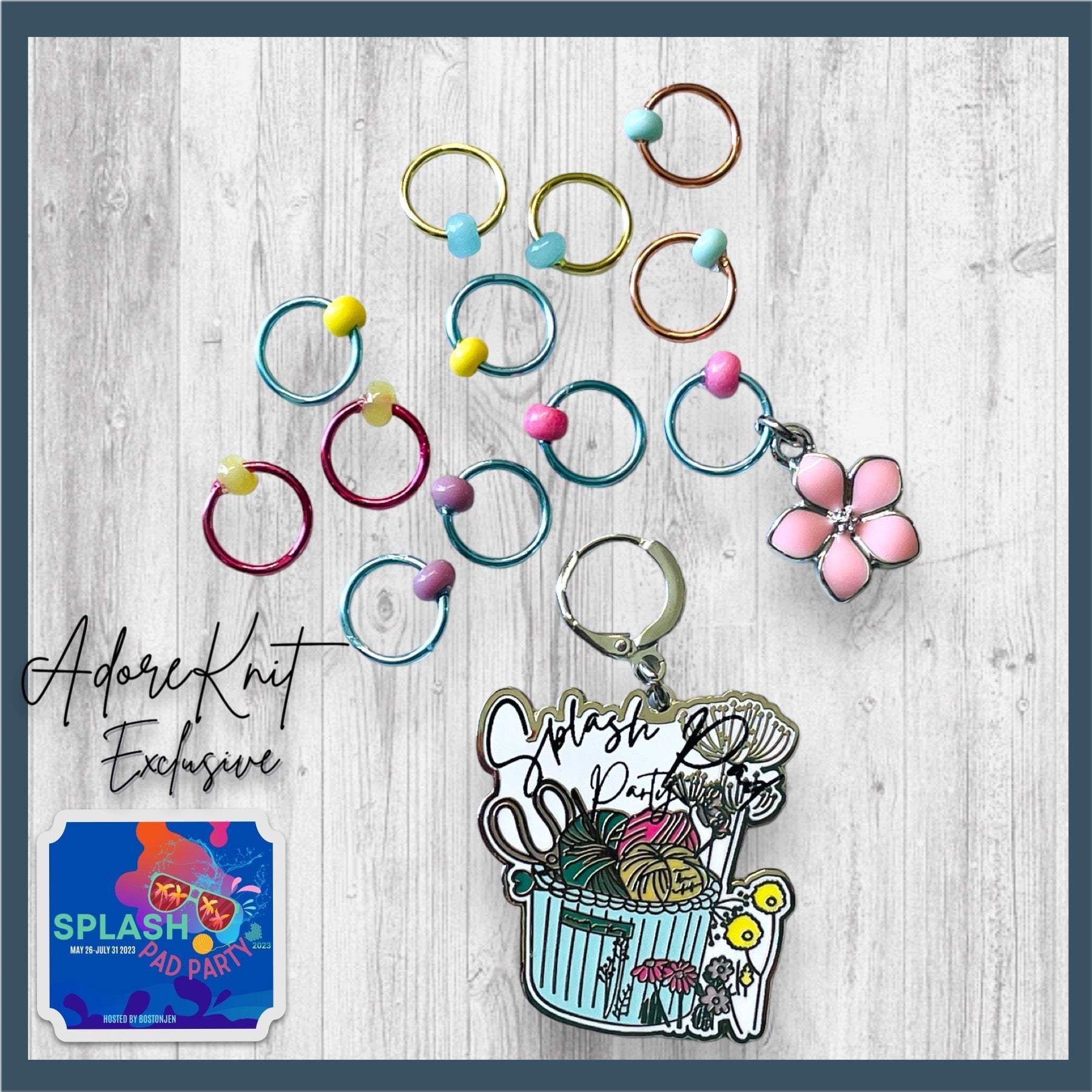 2023 Splash Pad Party Aqua Basket Progress and Stitch Markers - AdoreKnit