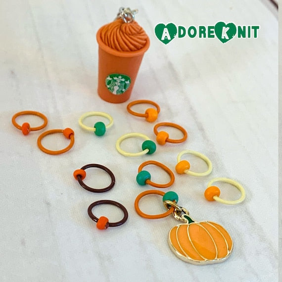 Pumpkin Spice Latte Progress & Stitch Marker Set, PSL, Coffee