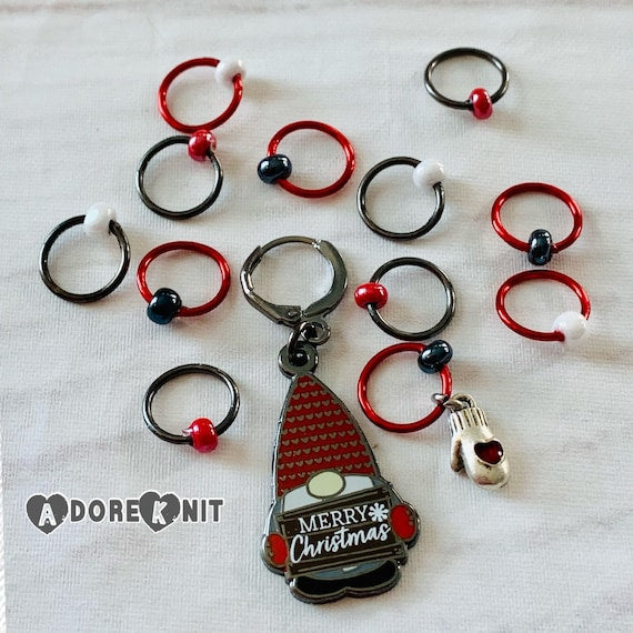 2022 Pigskin Party Merry Christmas Gnome Progress and Stitch Markers Red Large - AdoreKnit