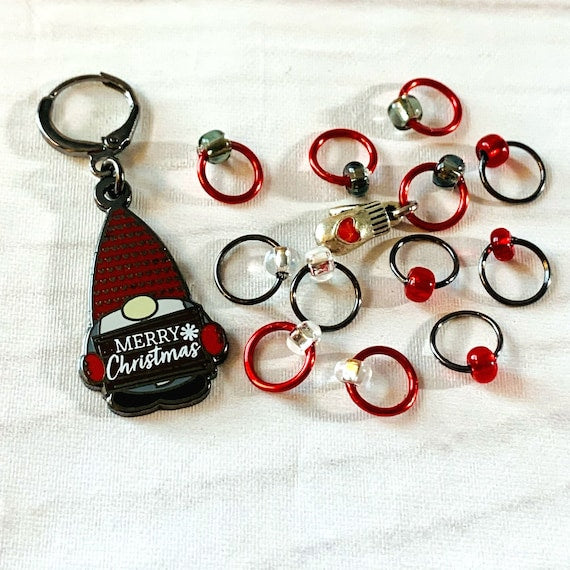Pigskin Party Merry Christmas Gnome Progress and Stitch Markers Red Medium - AdoreKnit