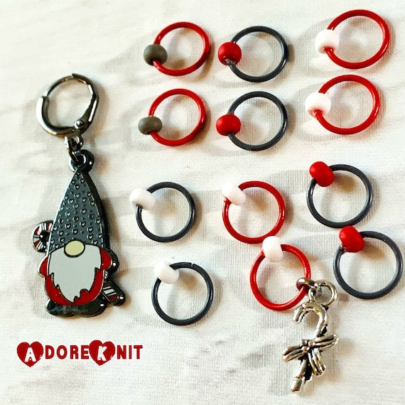 2022 Pigskin Party Candy Cane Christmas Gnome Progress and Stitch Markers Red LG - AdoreKnit