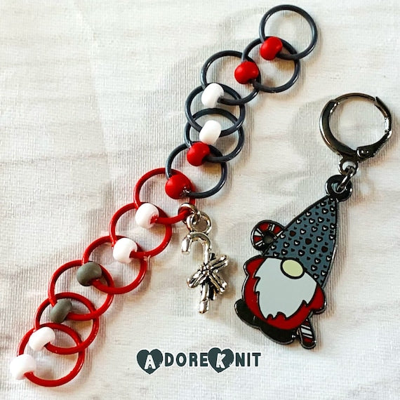 2022 Pigskin Party Candy Cane Christmas Gnome Progress and Stitch Markers Red LG - AdoreKnit