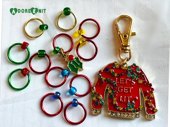 Let's Get Lit Christmas Sweater Progress and Stitch Markers - AdoreKnit