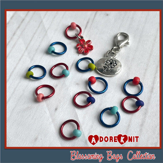 Navy and Red Blossoming Progress & Stitch Markers - AdoreKnit