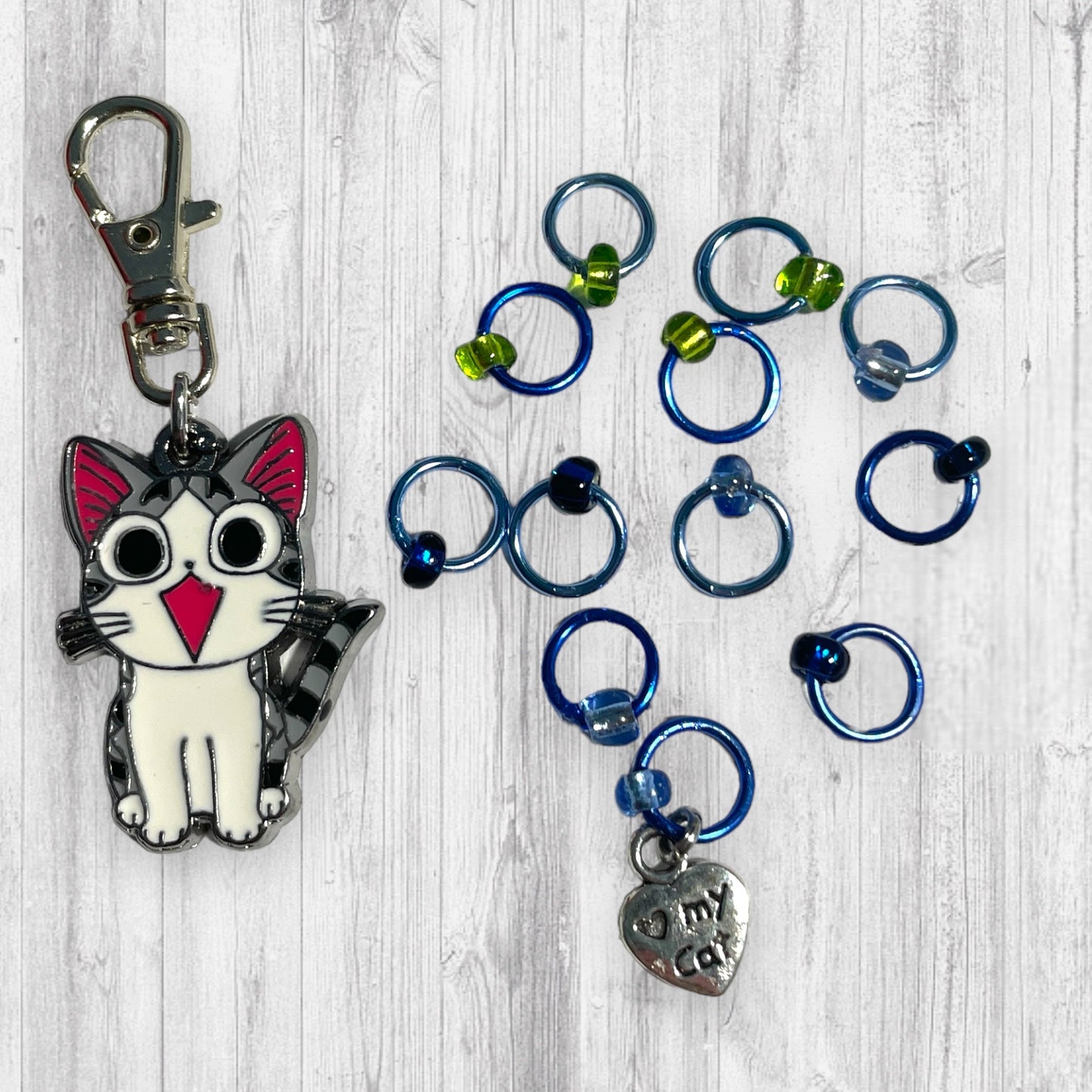 Happy Tabby Cat Progress and Stitch Markers - AdoreKnit