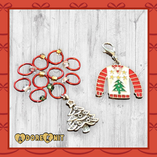 Ugly Christmas Tree Sweater Progress and Stitch Markers - AdoreKnit