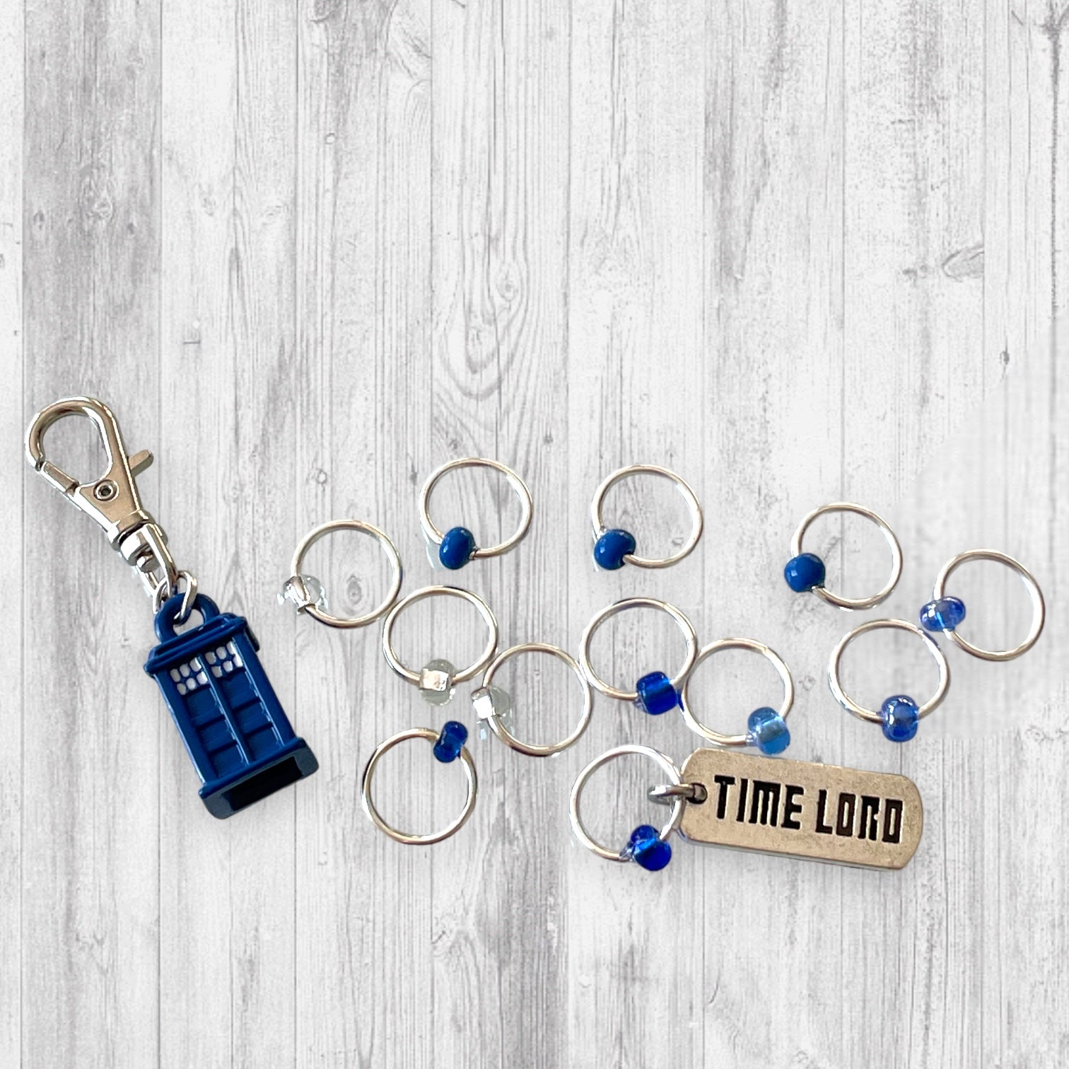 Something Blue Progress and Stitch MarkersAdoreKnitSomething Blue Progress and Stitch Marker Set.  Inspired by the Tardis and the Time Lord in the classic Science-Fiction show Doctor Who.  We all love Doctor Who arouBlue Progress